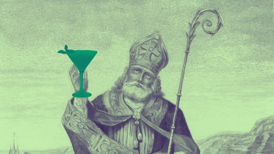 St. Patrick holding a green cocktail